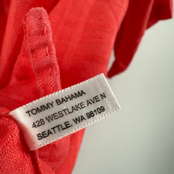 TOMMY BAHAMA Shirt Size Medium Men's 100% Linen Short Sleeve Orange/Red Stripe - Picture 9 of 11